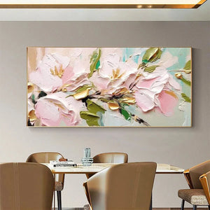 Textured impasto painting: pink flowers with gold accents and thick brushstrokes. Product detail.