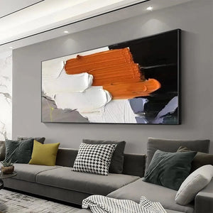 Orange Burst abstract impasto painting by Isabella Rossi showcased above a gray sectional sofa in a modern living room.