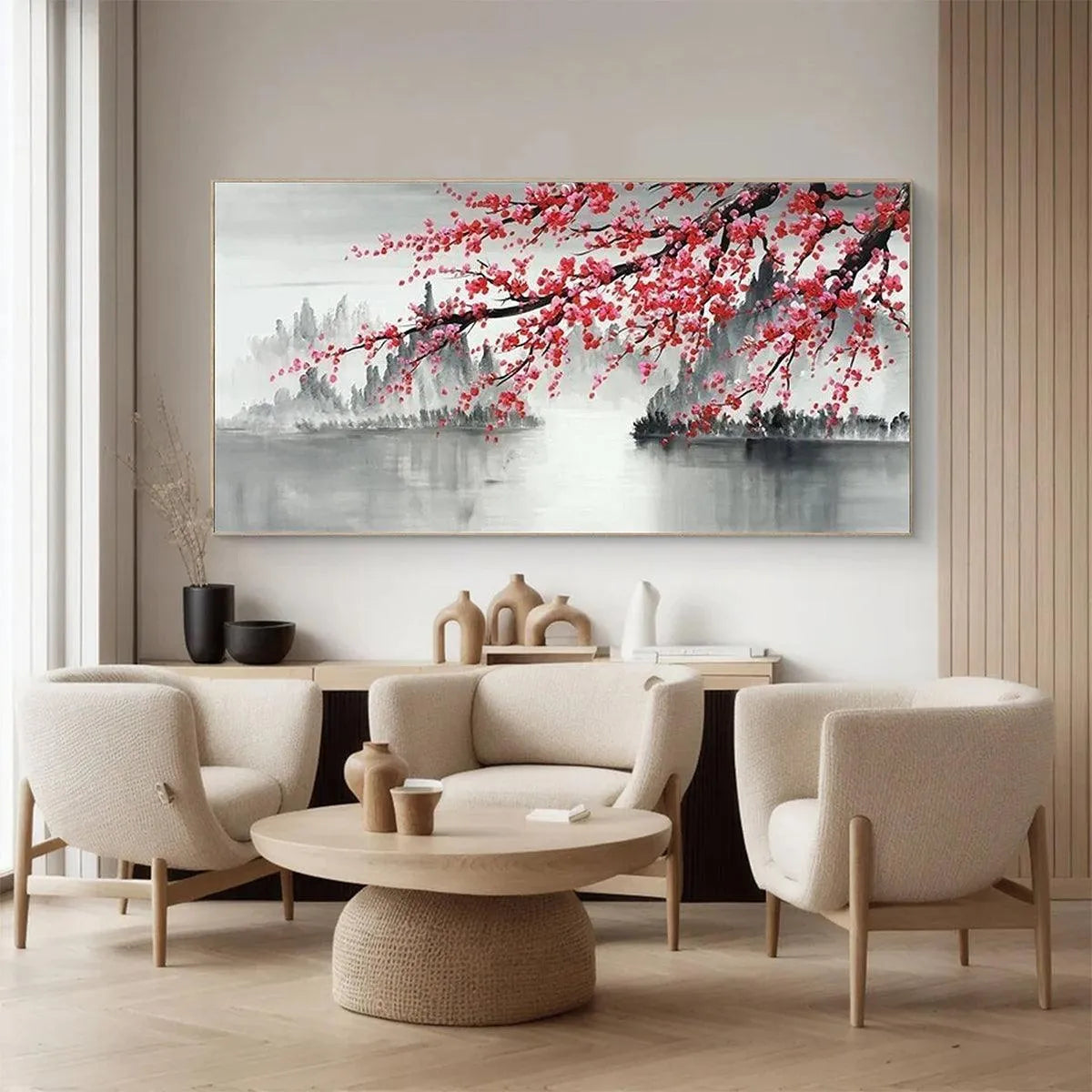 CHERRY BLOSSOM SERENITY: Horizontal Cherry Blossom Landscape Painting