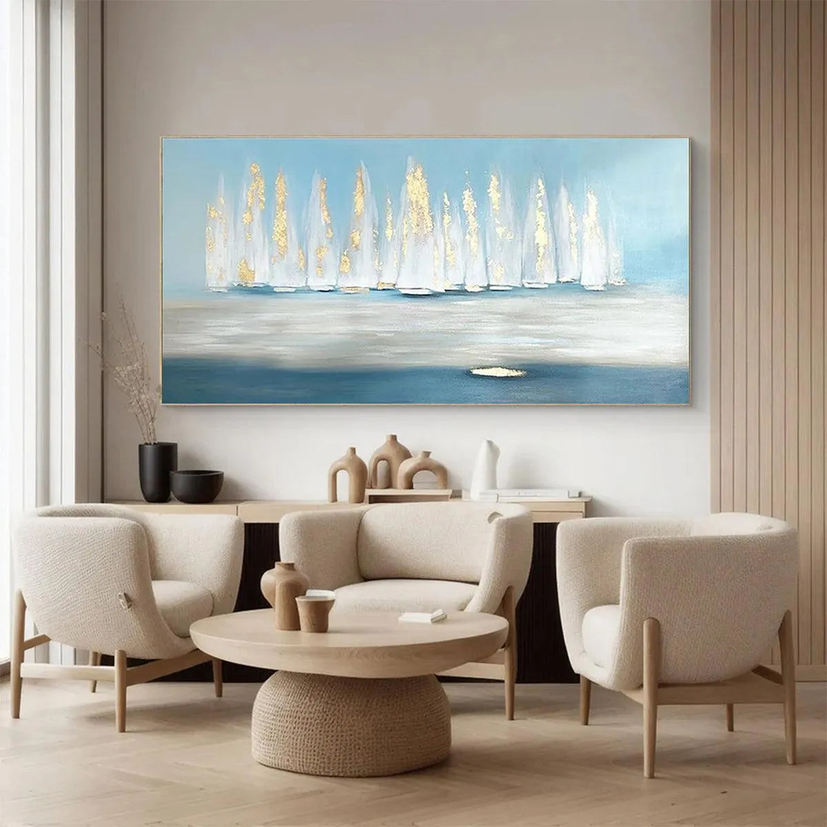 GOLDEN SAILS: Abstract Seascape Painting with Gold Accents