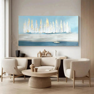 Golden Sails abstract seascape painting with white and gold sailboats, displayed in a modern living room.
