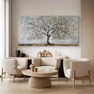 Horizontal Silver Birch textured tree painting in grey and gold, enhancing a neutral living room design.