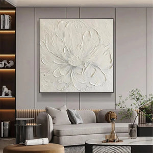 Elodie Dubois' White Peony textured floral painting, minimalist white impasto artwork in black frame, for modern home decor.