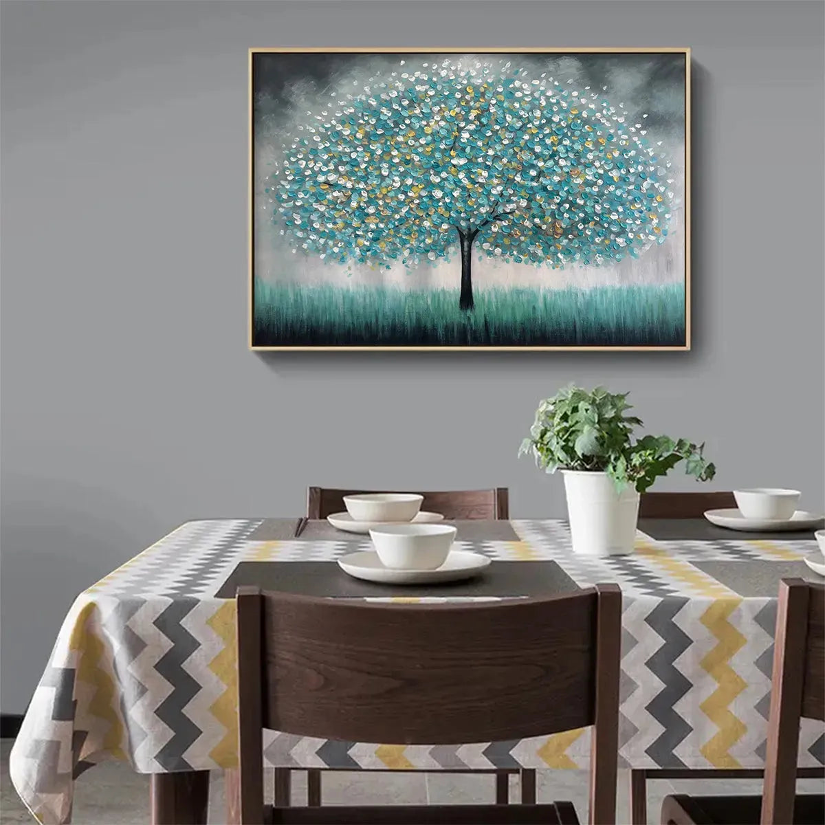 TEAL DREAM: Textured Tree Painting in Teal and Grey, Horizontal Canvas, Modern Wall Art