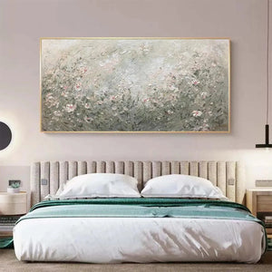 Whispering Meadow oil painting by Elodie Dubois in a bedroom setting, impressionistic wildflower landscape, framed art