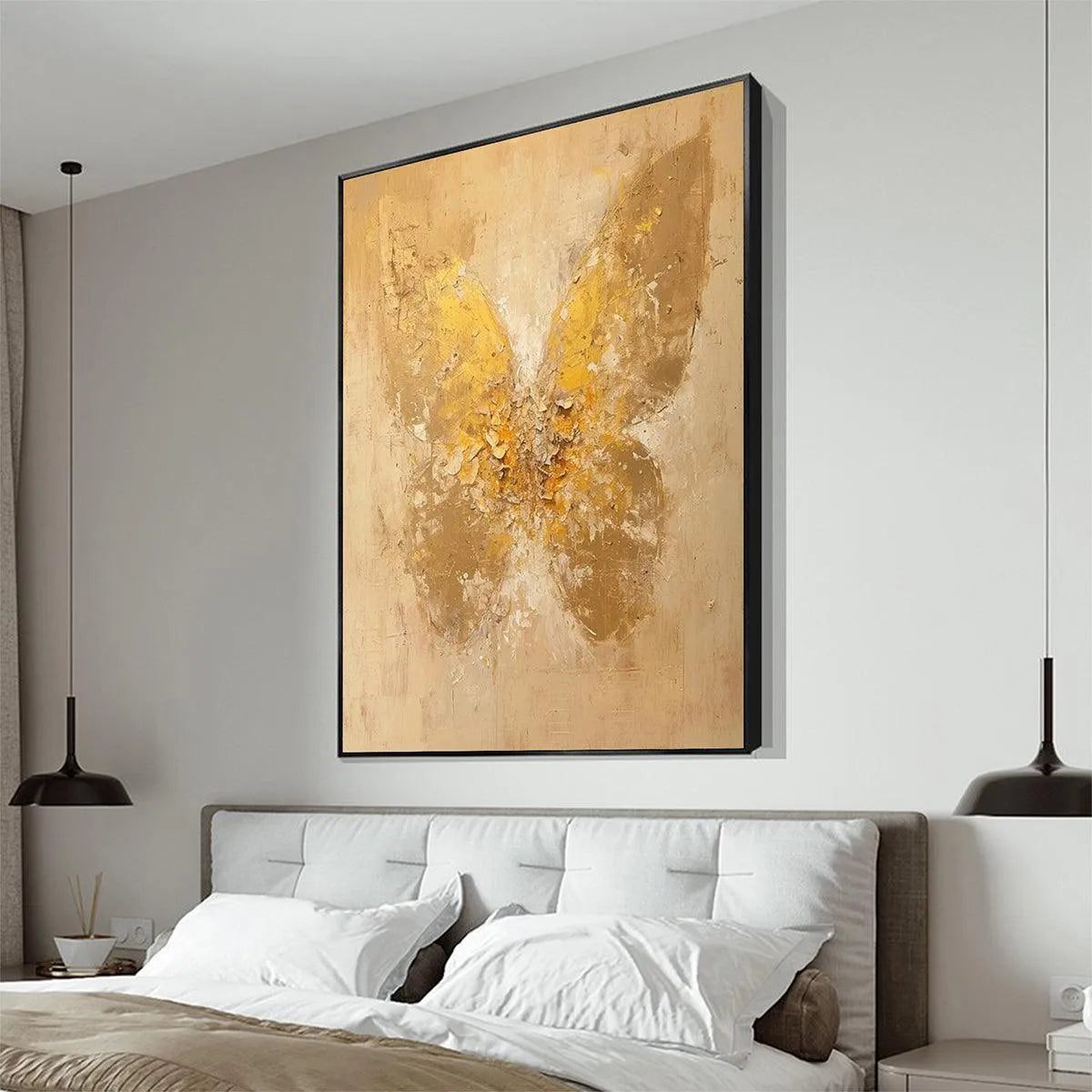 GOLDEN WINGS: Gold Butterfly Painting, Textured Wall Art, Vertical Canvas, Beige and Gold Decor