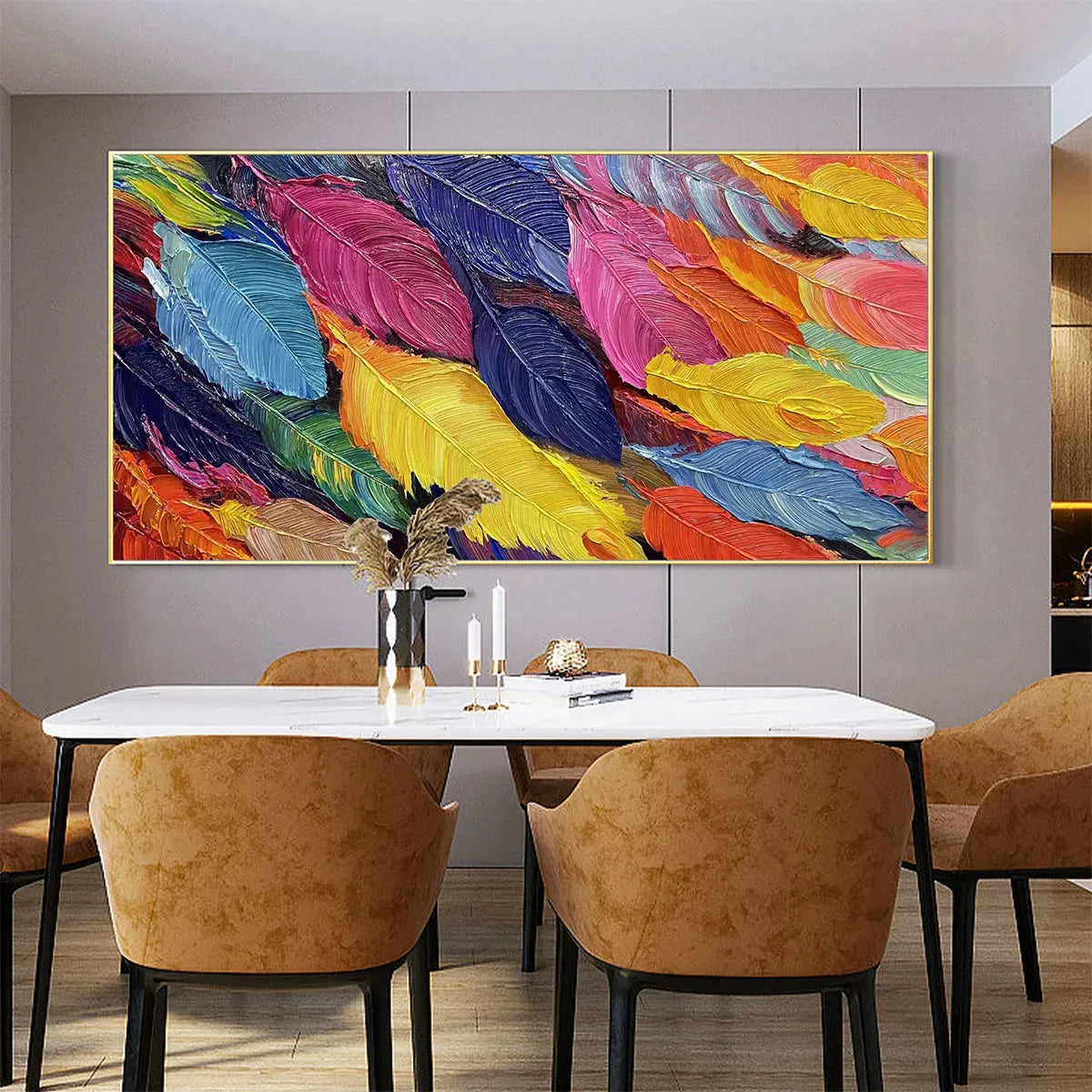 FEATHER DANCE: Horizontal Abstract Painting with Colorful Feathers, Textured Impasto, Modern Wall Art