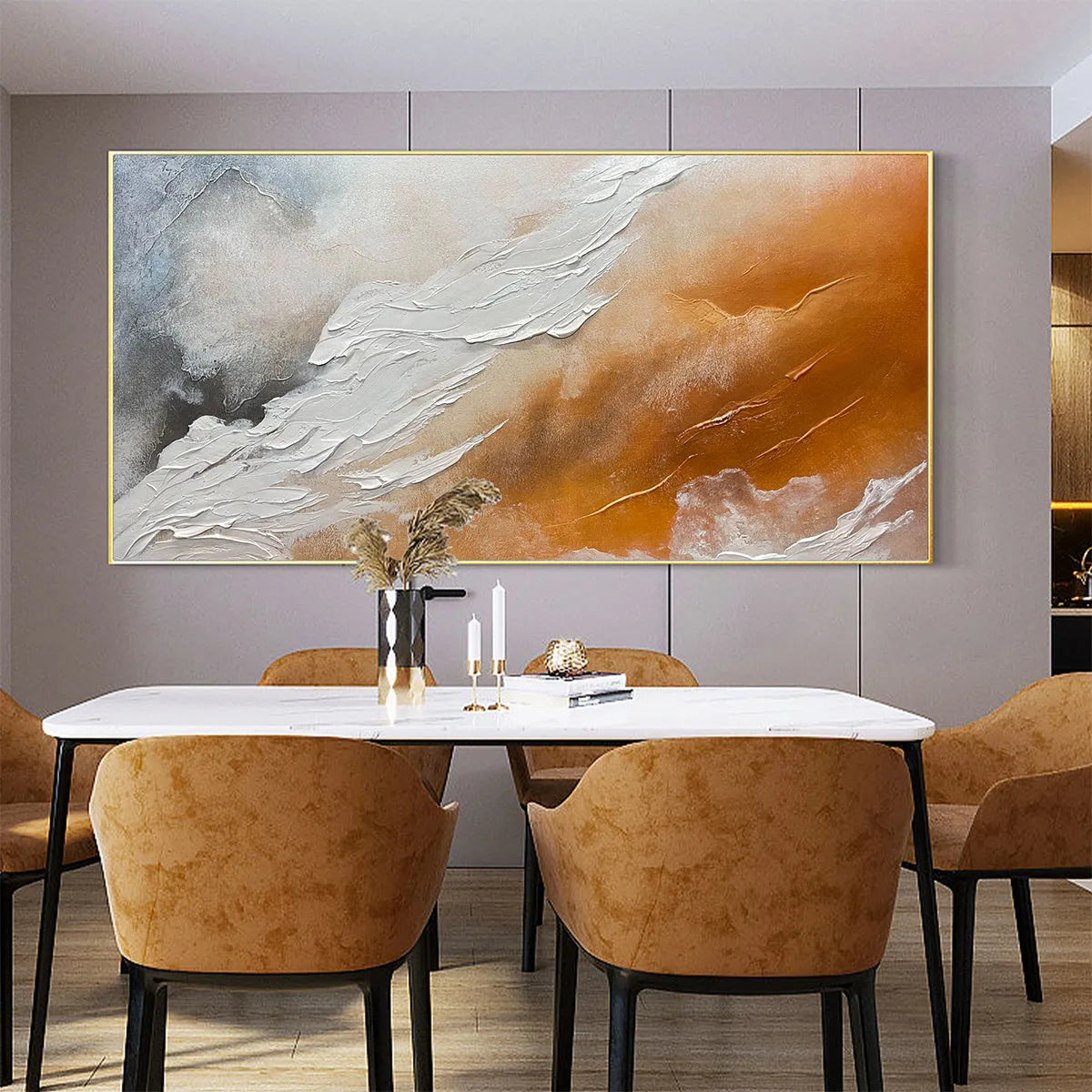 DESERT FLOW: Abstract Landscape Painting in Orange, White, and Grey, Textured Canvas, Modern Wall Art