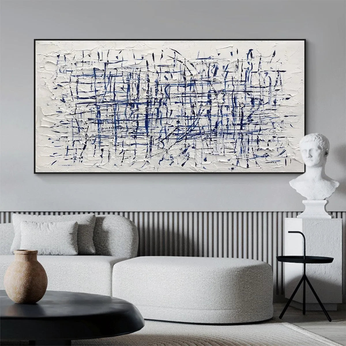 BLUE GRID: Textured Minimalist Abstract Painting in Blue and White