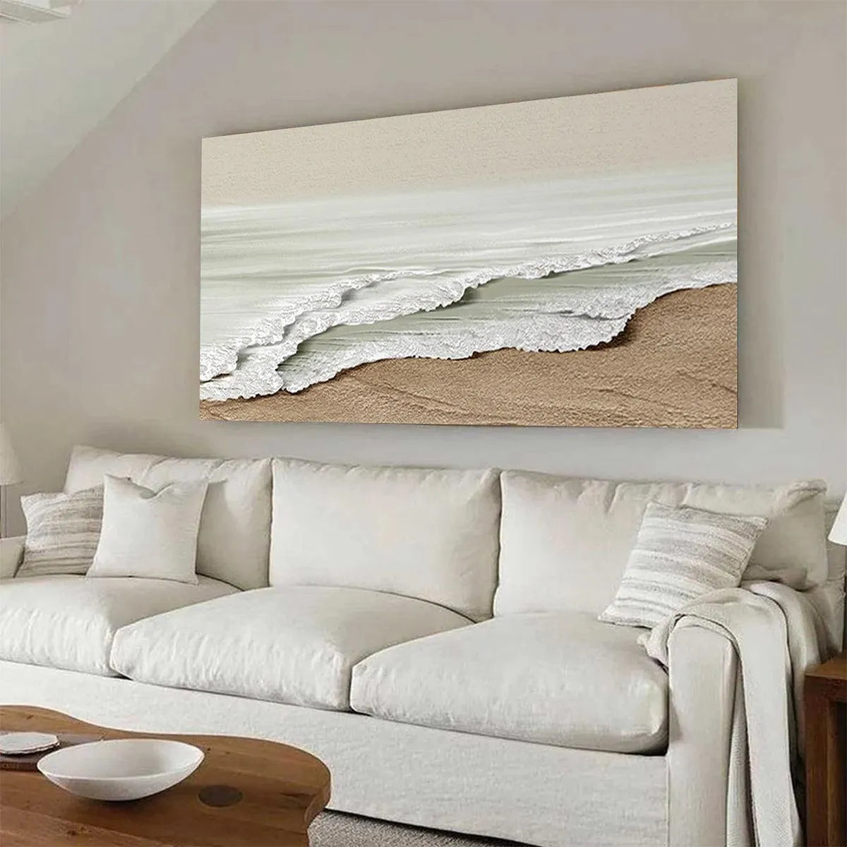 SERENE SHORE: Textured Coastal Landscape Painting in Beige