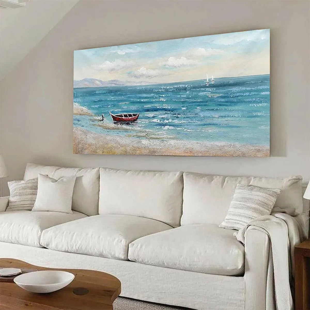 RED BOAT AT THE SHORE: Tranquil Coastal Landscape Painting