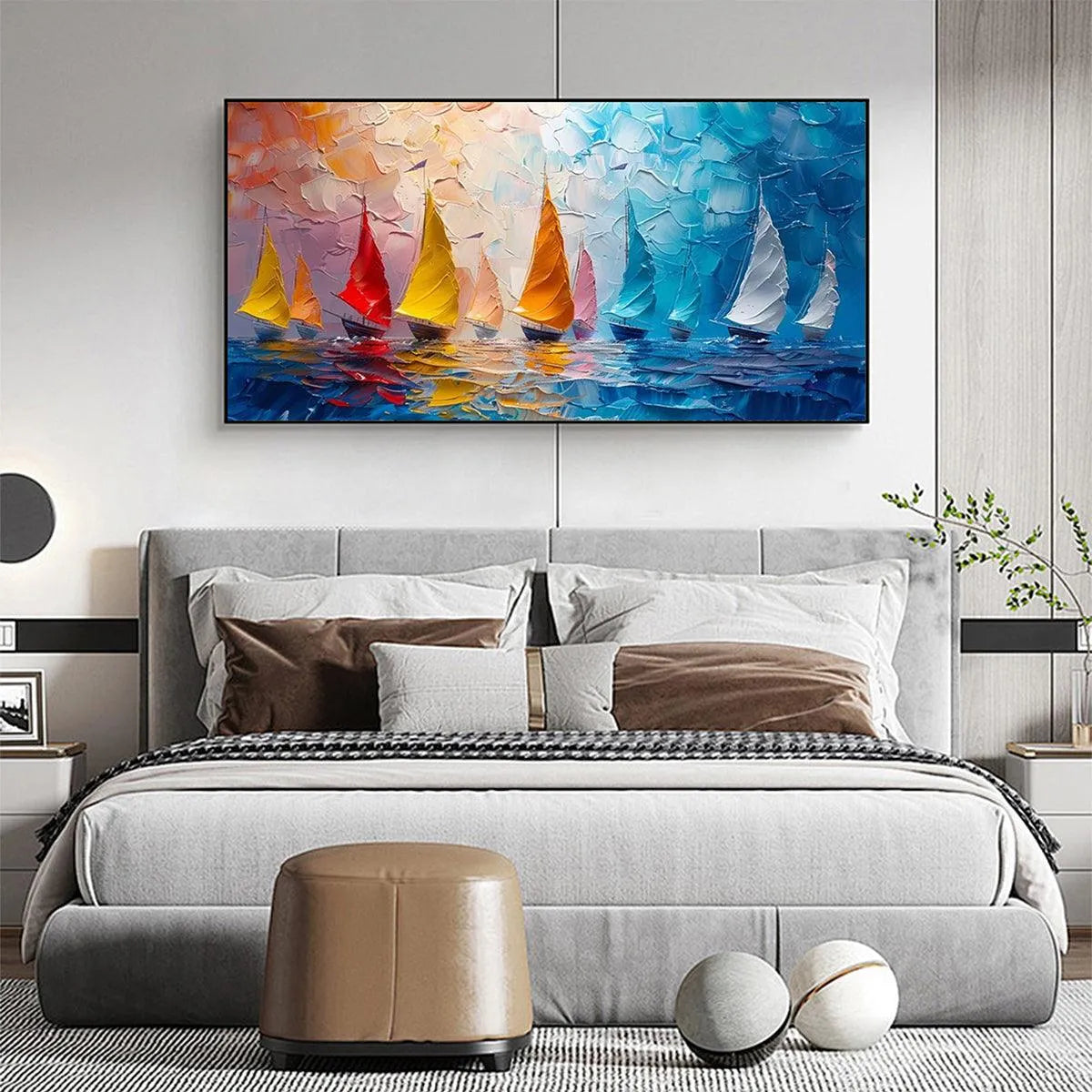 REGATTA: Textured Sailboat Painting, Impasto Wall Art, Panoramic Canvas, Coastal Decor