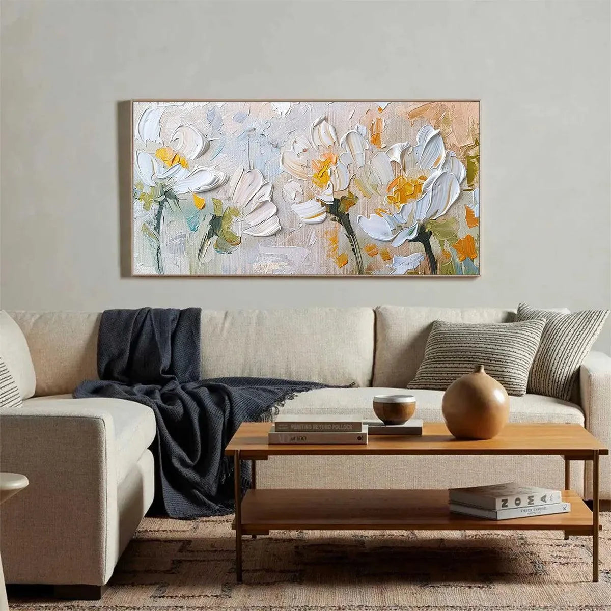 WHITE BLOSSOMS: Textured Impasto Floral Painting in White and Beige