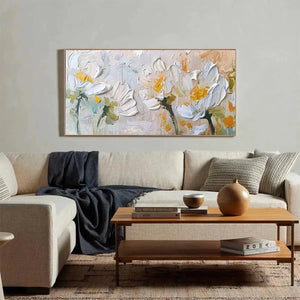 Elodie Dubois "White Blossoms" impasto floral painting, white and yellow flowers, original artwork for living room
