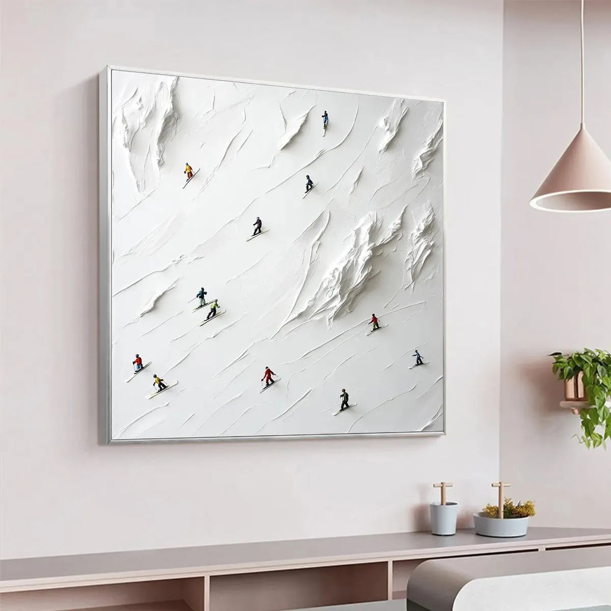 WHITE RUSH: Minimalist Skiing Painting on Textured Square Canvas