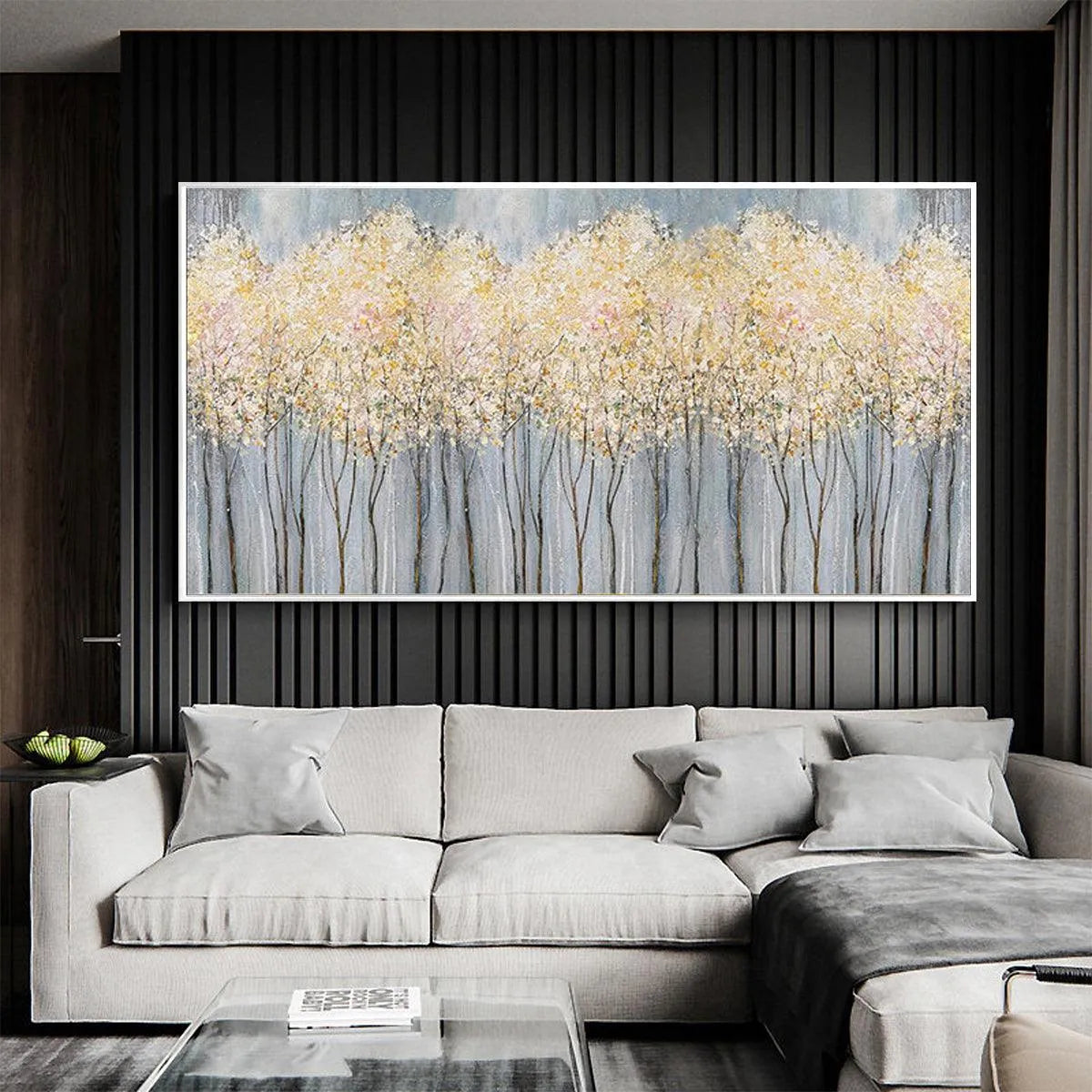 GOLDEN HAZE: Panoramic Landscape Painting, Textured Trees