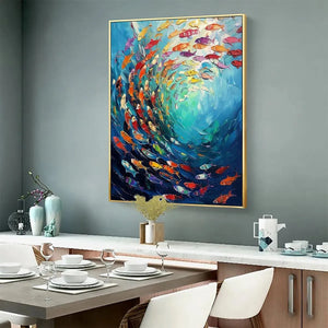 "Whirlpool of Fish" vibrant oil painting by Willow Davies, a colorful school of fish brightening a modern dining room.