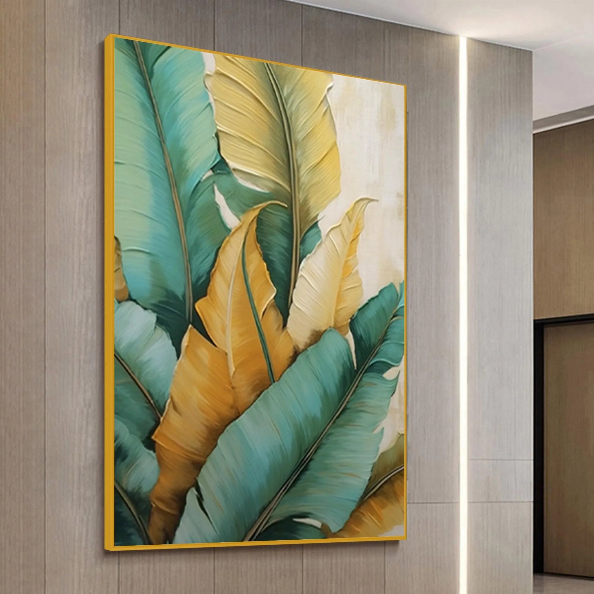 TROPICAL ABUNDANCE: Textured Tropical Leaves Painting, Green and Gold Wall Art, Vertical Canvas, Botanical Decor