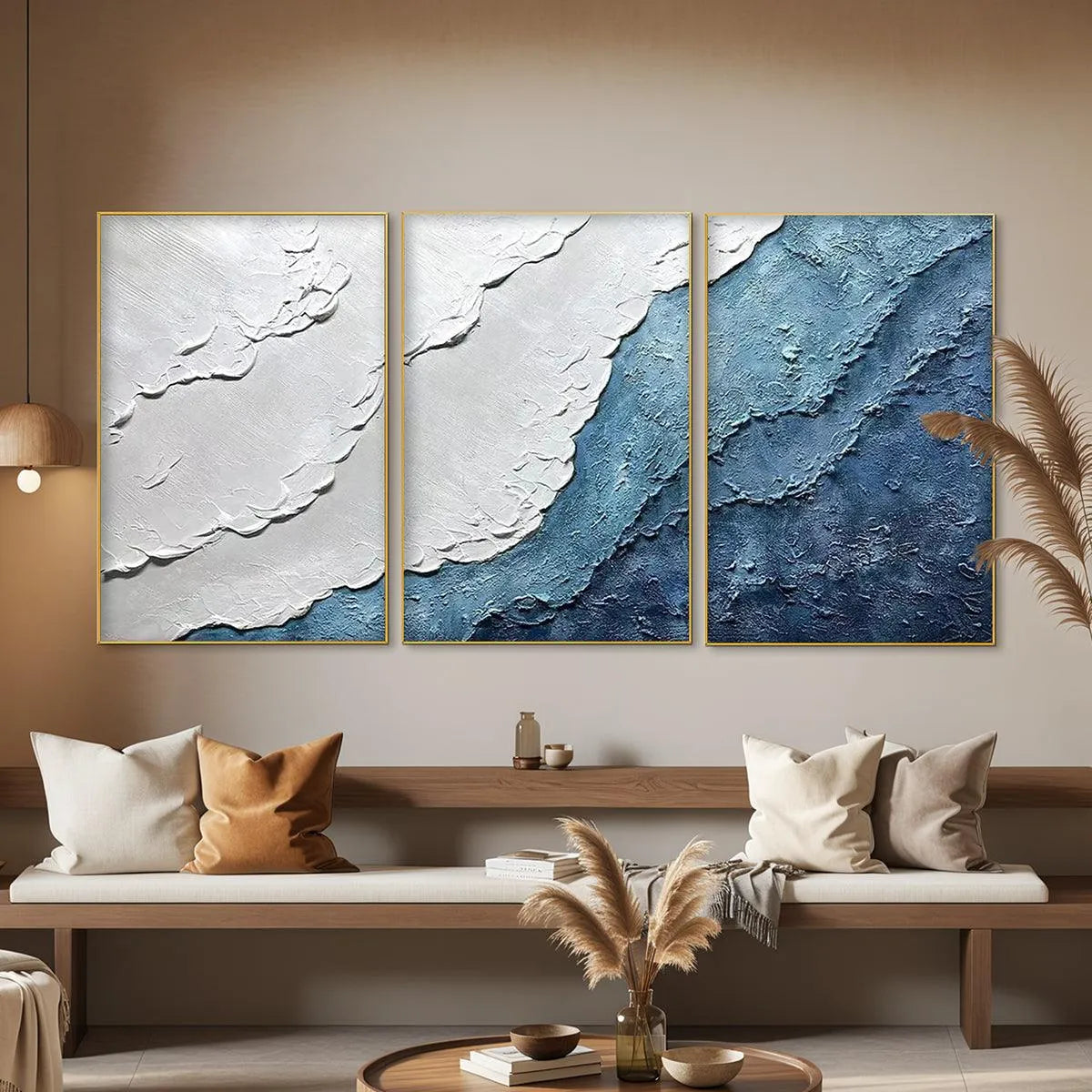 TEXTURED OCEANSCAPE TRIPTYCH: Textured Abstract Painting Set of 3