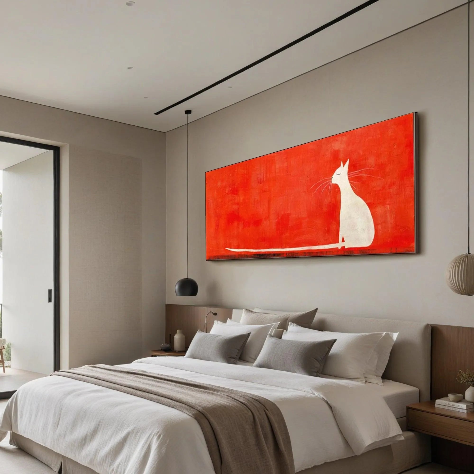 MINIMALIST CAT ON RED PANORAMIC: Cat Painting, Panoramic Wall Art, Minimalist Decor