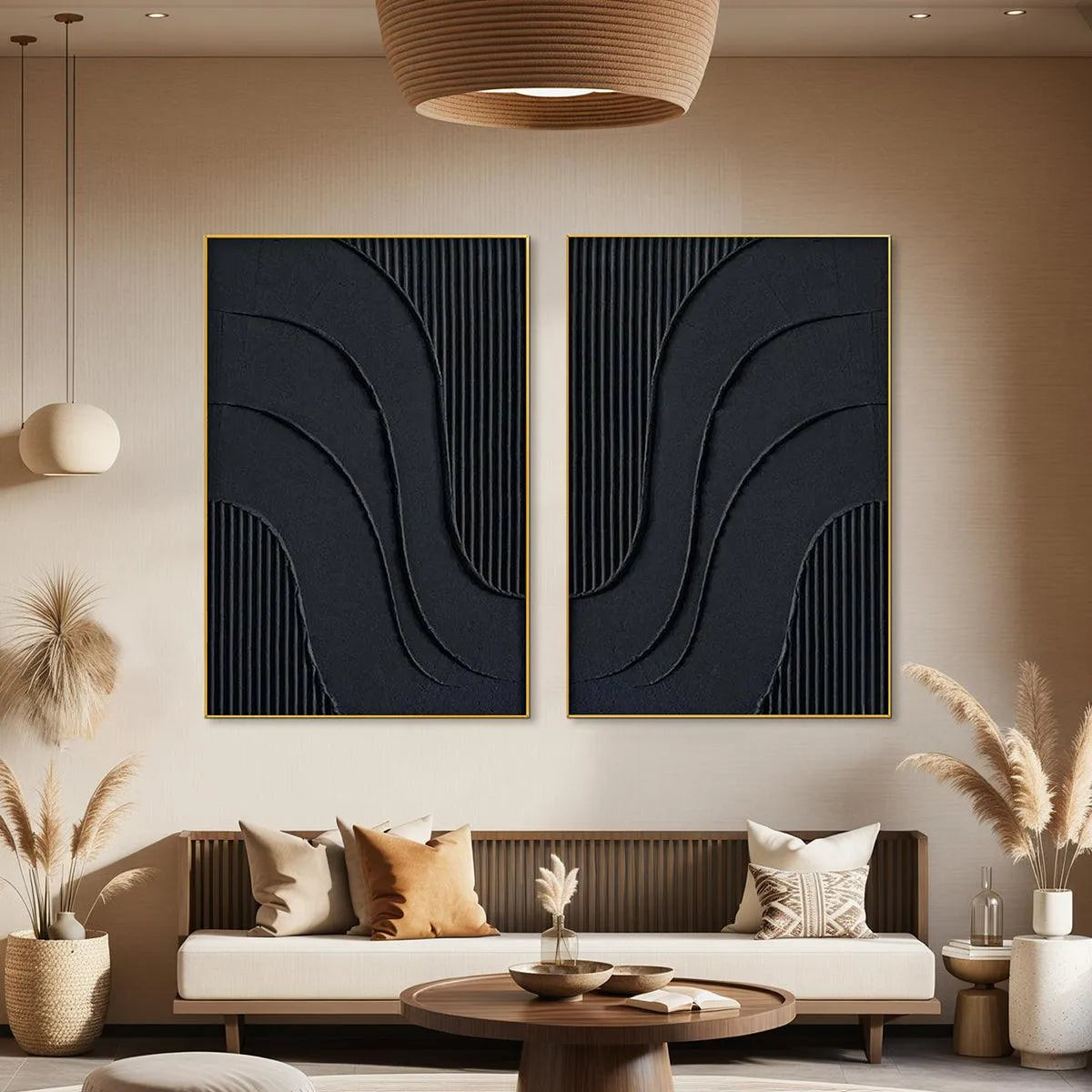 BLACK TEXTURED WAVES DIPTYCH: Textured Abstract Painting Set of 2, Vertical Wall Art