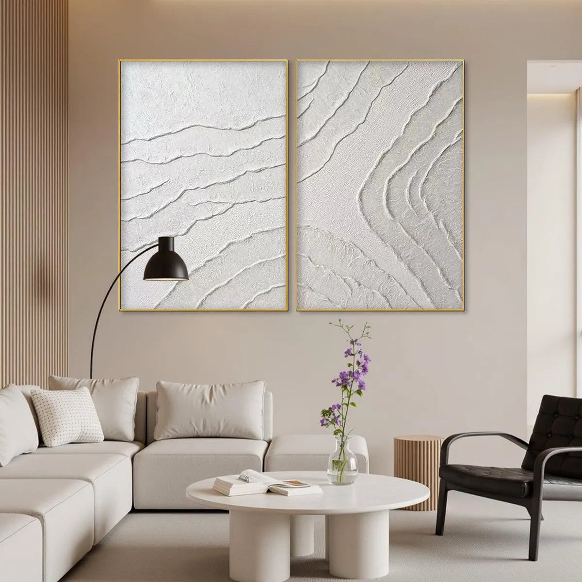 WHITE TEXTURED LINES DIPTYCH: Textured Abstract Painting Set of 2, Vertical Wall Art