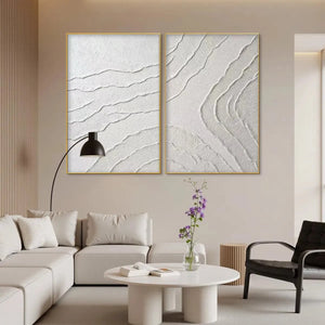 White Textured Lines Diptych by Isabella Rossi: Abstract white textured art with gold frames. Modern decor.