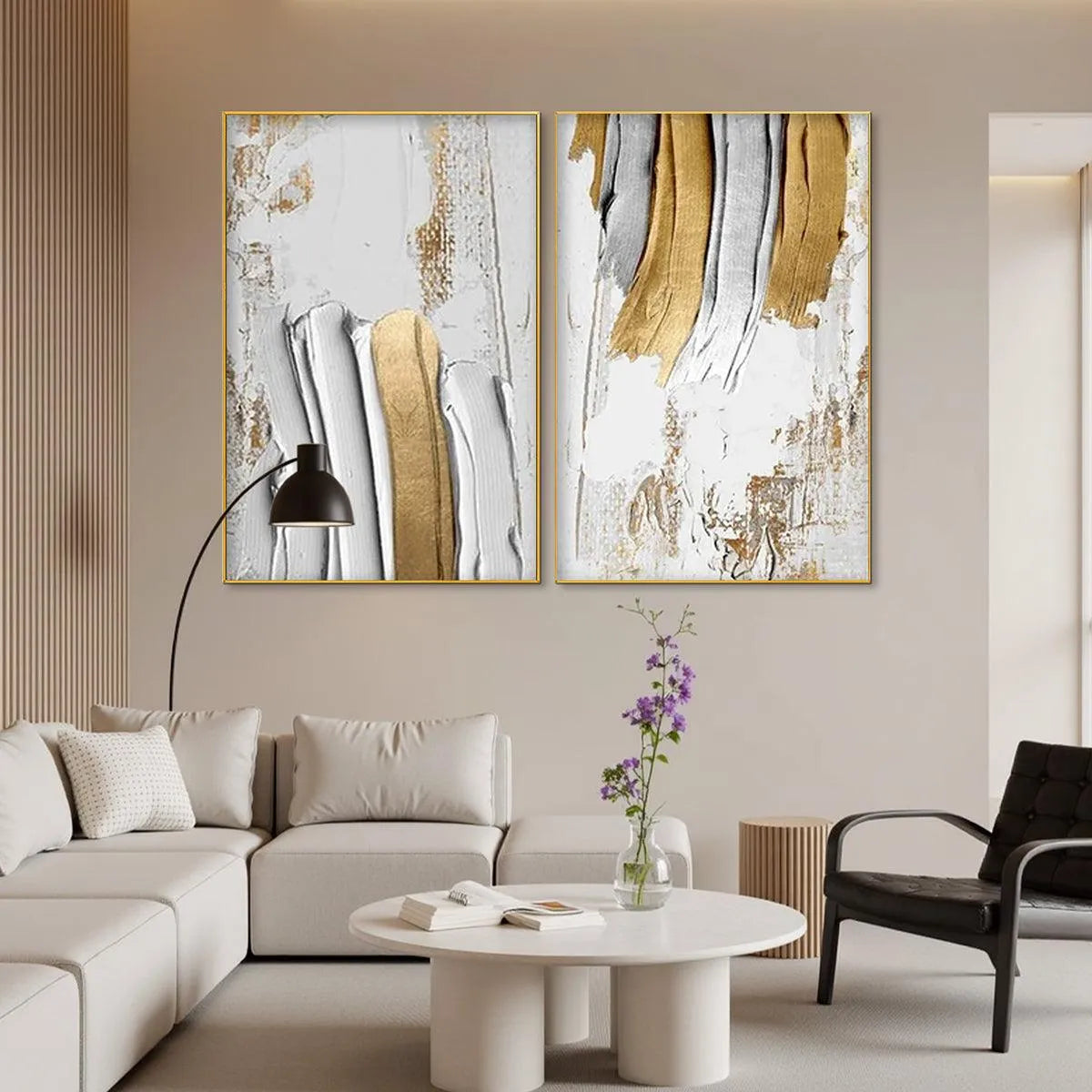 GOLDEN LINES DIPTYCH: Textured Abstract Painting Set of 2, Vertical Wall Art