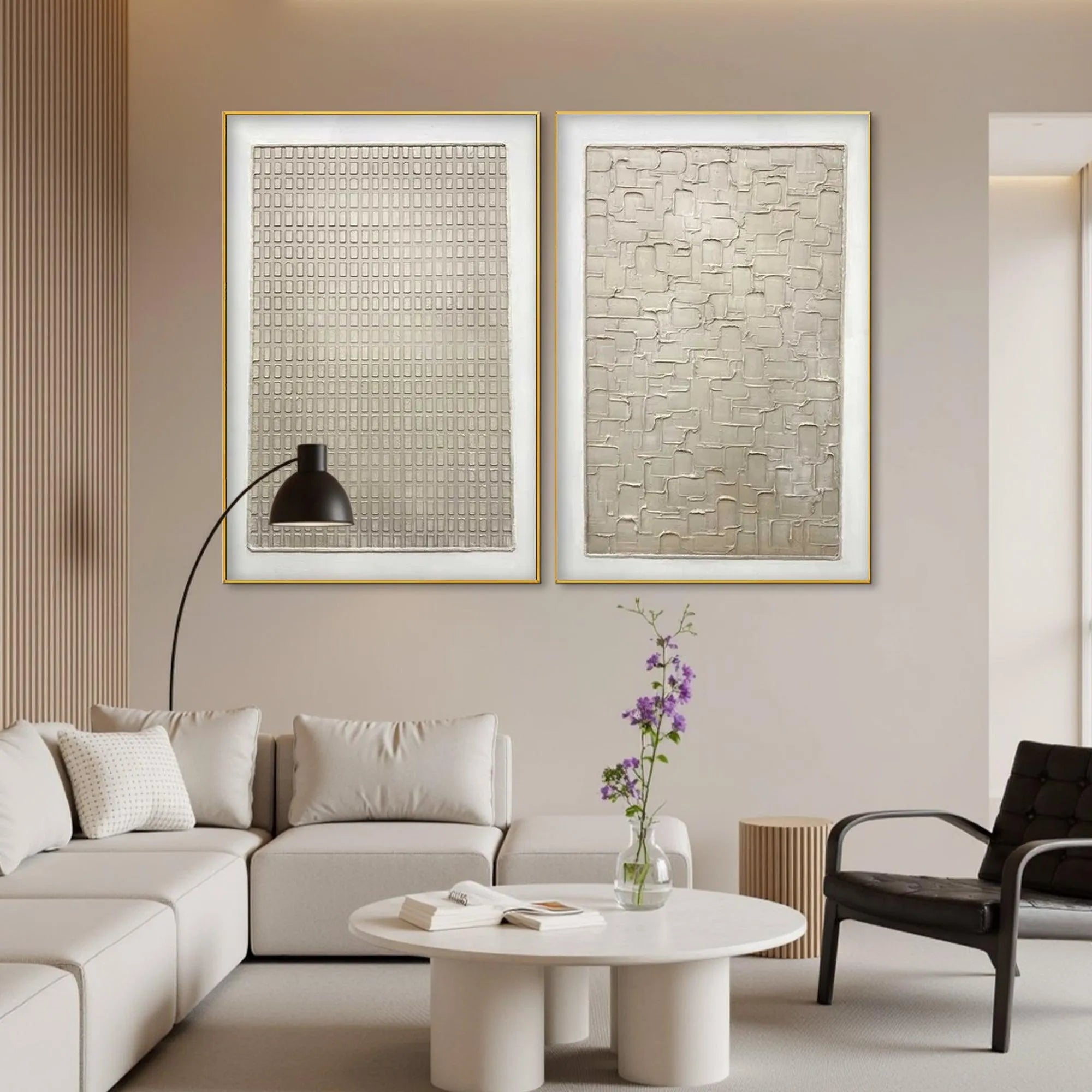 TEXTURED BEIGE GRID SET: Minimalist Textured Painting Set of 2