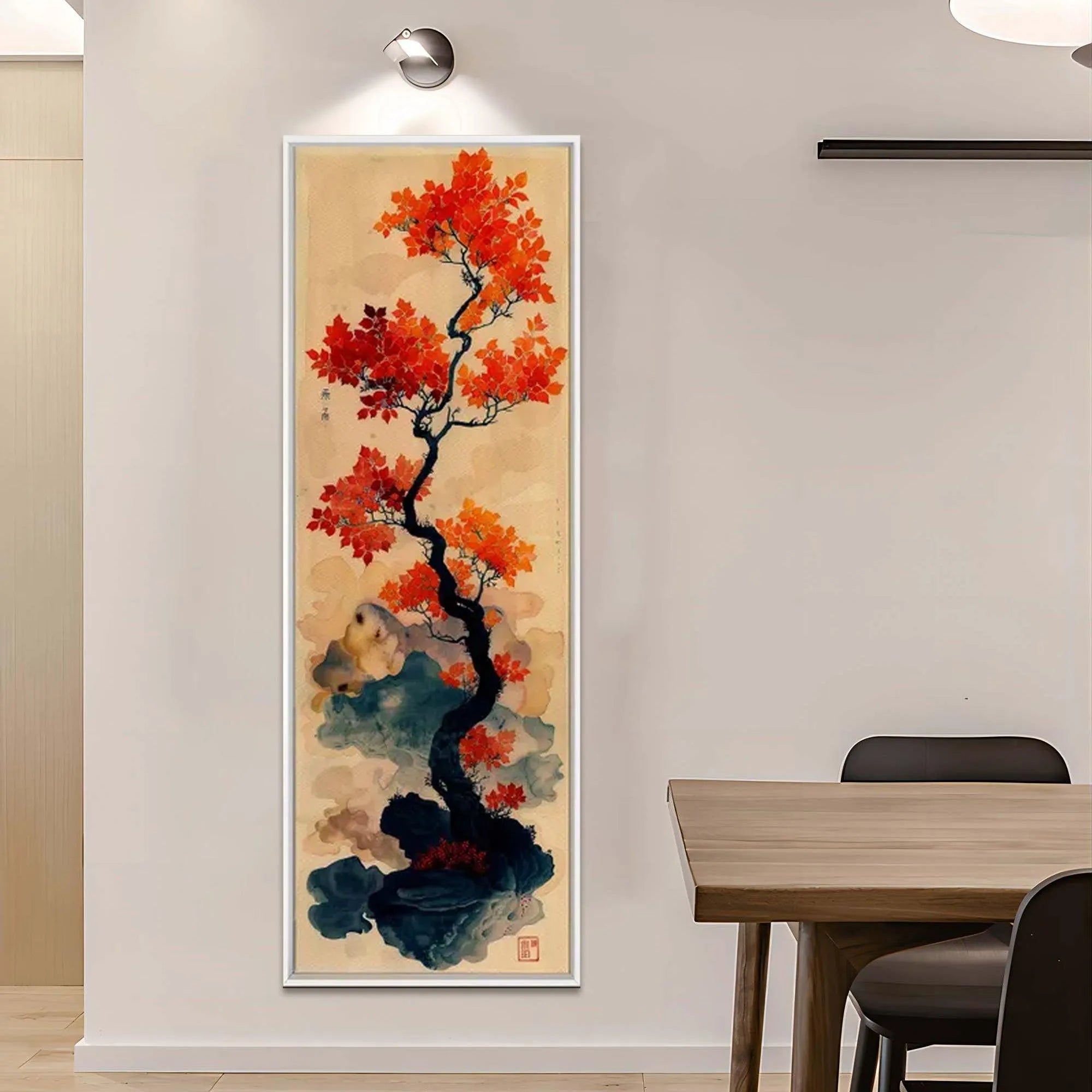 CRIMSON AUTUMN BONSAI: Tree Painting, Vertical Wall Art, Asian Decor