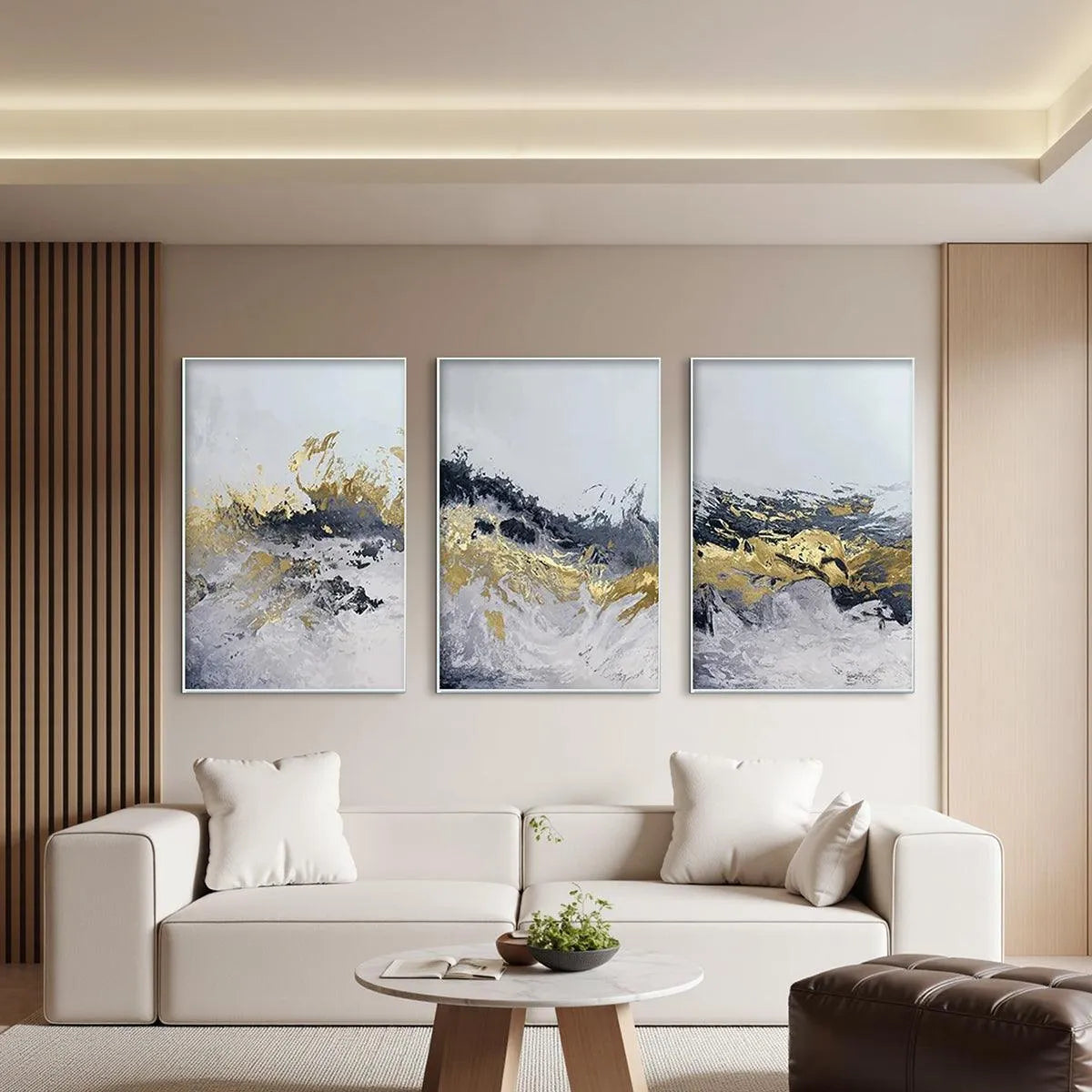 GOLD & GREY ABSTRACT TRIPTYCH: Abstract Painting Set of 3, Vertical Wall Art