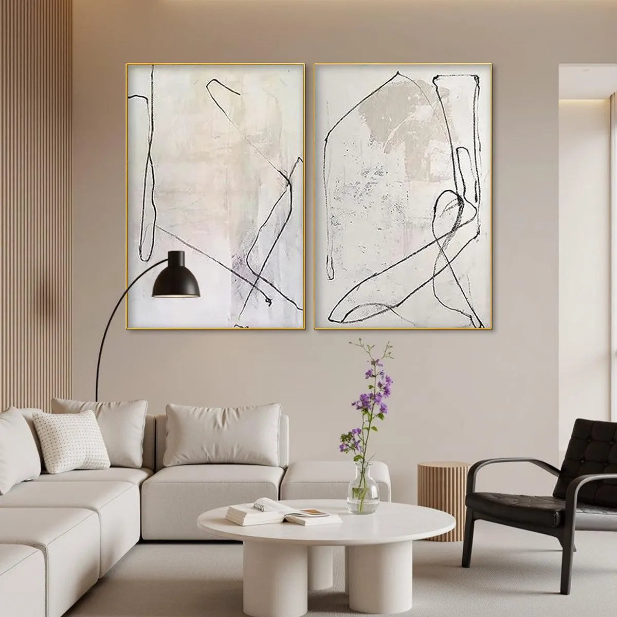 MINIMALIST ABSTRACT DIPTYCH: Beige Abstract Painting Set of 2