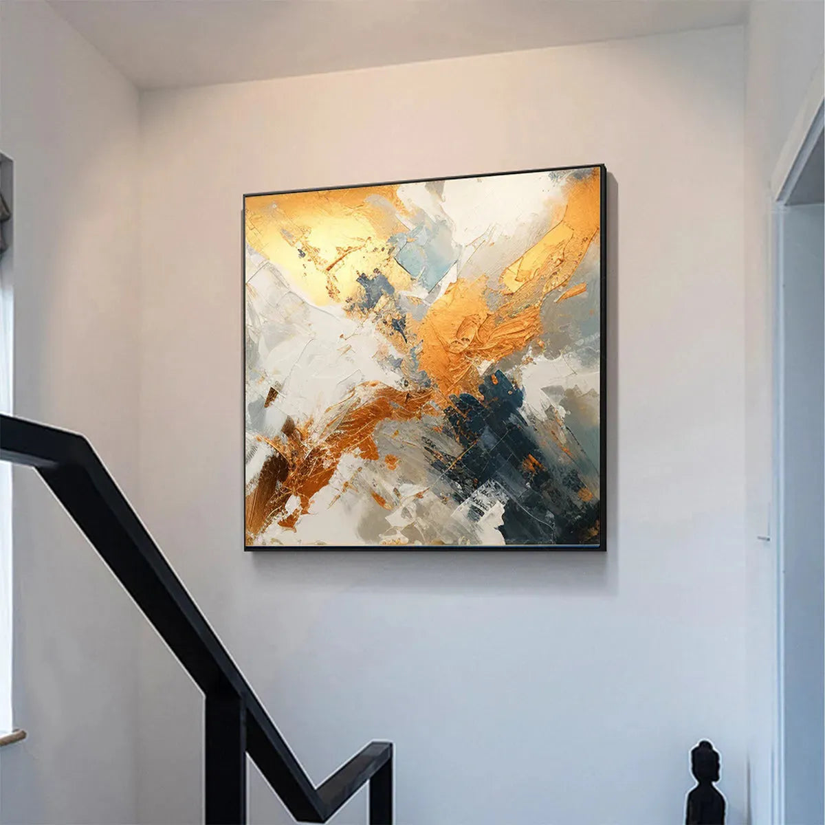 GILDED CONFLUENCE: Square Abstract Oil Painting with Gold, and Grey