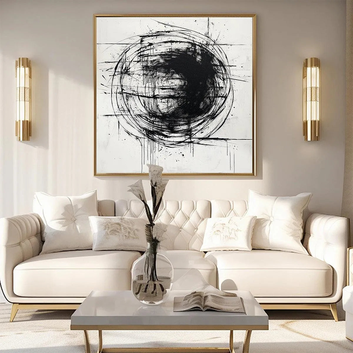 INK VORTEX: Minimalist Black and White Abstract Oil Painting