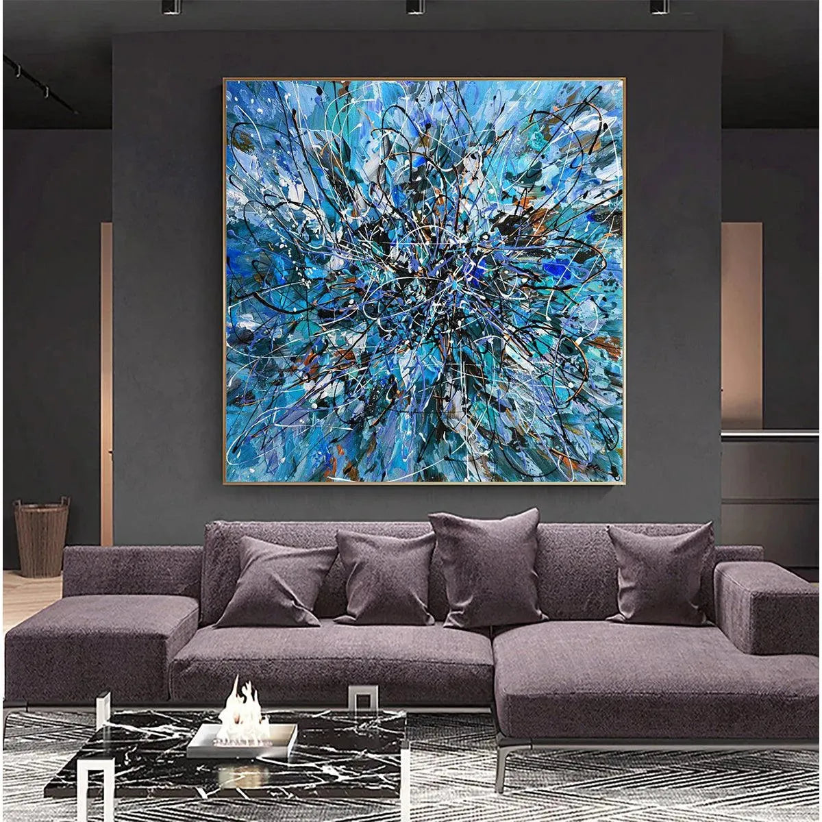 Azure Exploration: Abstract Blue and Black Oil Painting on Canvas