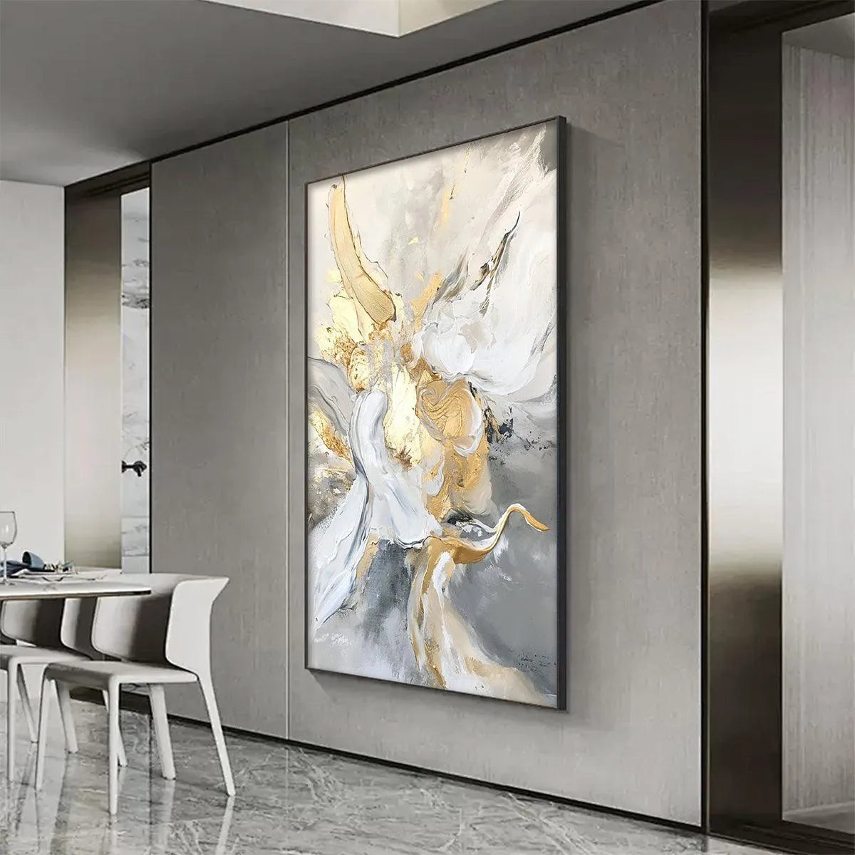 ETHEREAL GOLD: Abstract White, Grey and Gold Oil Painting