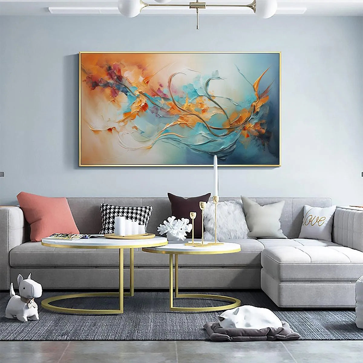 SERENE DAWN: Panoramic Abstract Teal and Gold Oil Painting