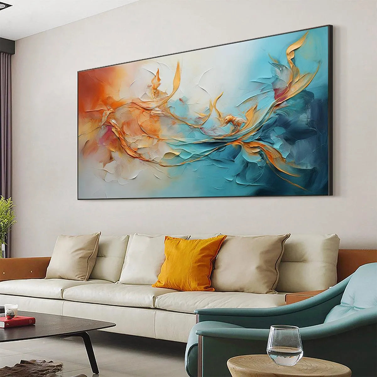 GOLDEN CURRENTS: Panoramic Abstract Teal and Gold Oil Painting