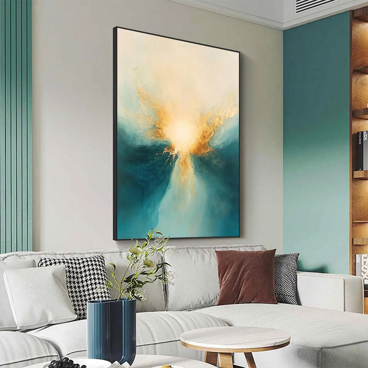 GOLDEN ABYSS: Abstract Teal and Gold Oil Painting