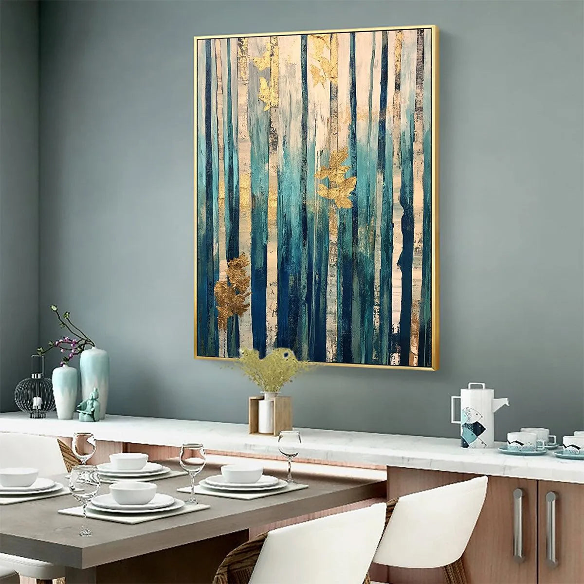 AZURE FOREST: Vertical Abstract Forest Oil Painting with Gold Leaf