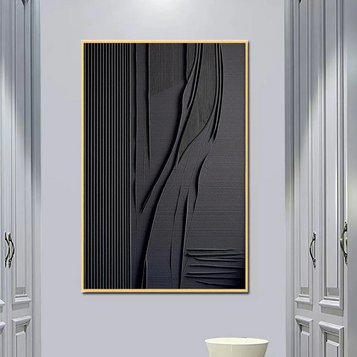 BLACK TEXTURED LINES AND CURVES: Minimalist Textured Abstract Painting