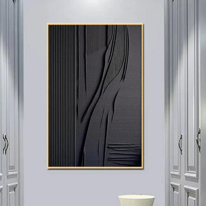 Abstract black textured lines and curves painting by Javier Ramirez, modern minimalist wall art, gold frame, MontCarta art.