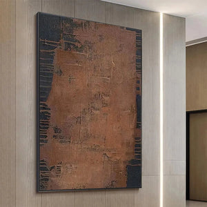 Vertical "Rustic Texture" painting by Javier Ramirez, rich brown tones, textured surface, dark charcoal edges, room setting.