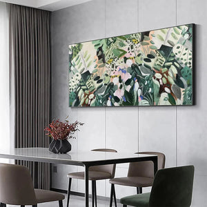 Elodie Dubois "Secret Garden" panoramic botanical oil painting, impressionistic green foliage, styled room view.