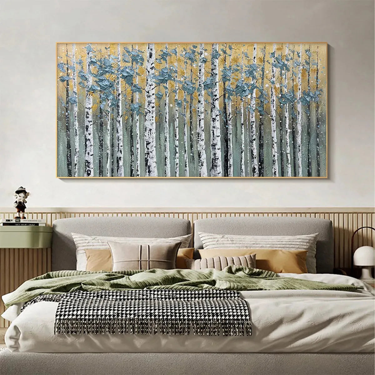 GOLDEN BIRCH GROVE: Textured Birch Tree Painting, Gold and Green Wall Art, Horizontal Canvas, Forest Decor