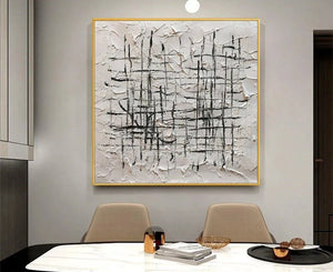 WOVEN LINES abstract painting. Black lines on textured white canvas by Javier Ramirez, gold frame, minimalist art.
