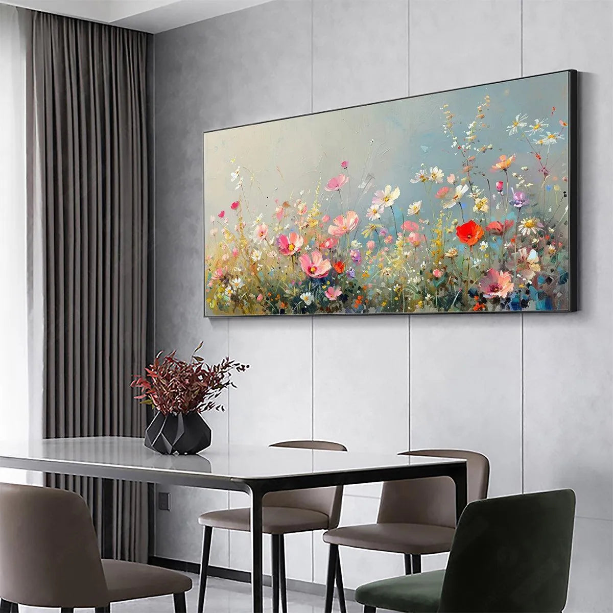 WILD MEADOW: Panoramic Floral Landscape Painting in Pink and White