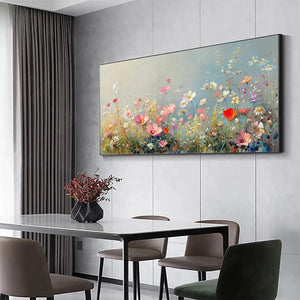 Isabella Rossi's Wild Meadow impasto painting: panoramic pink, white, red wildflowers, textured brushstrokes, soft sky.