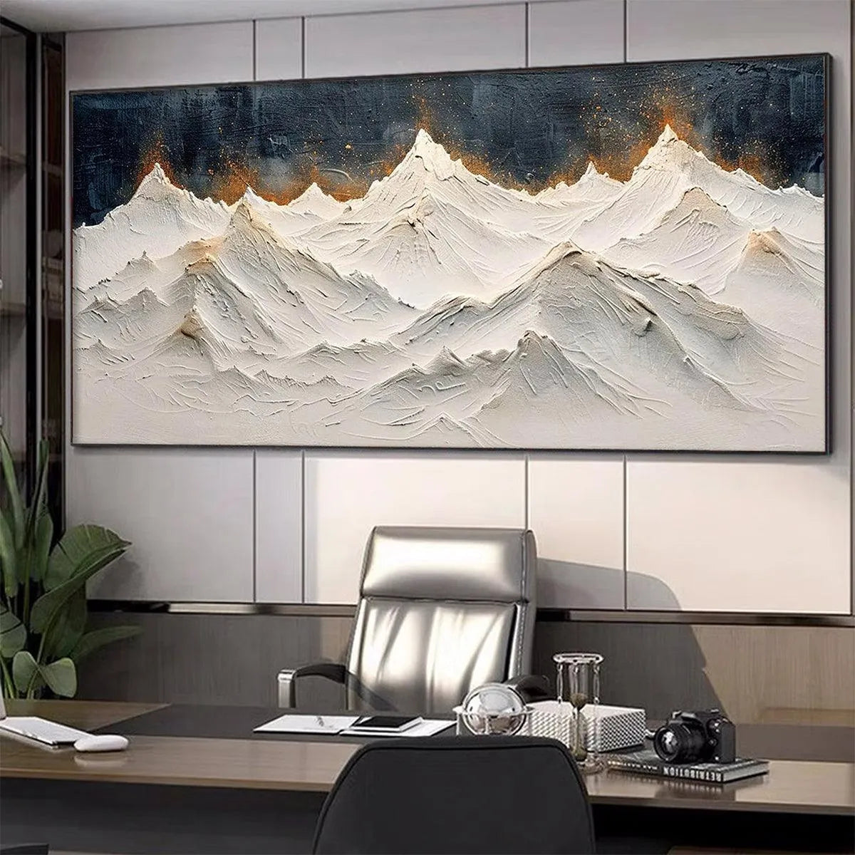 SNOWY PEAKS: Textured White and Gold Mountain Painting for Living Room