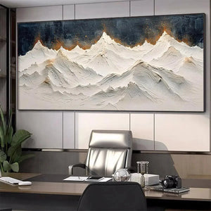 Original textured white and gold impasto mountain painting, 'SNOWY PEAKS' by Liam O'Connell.